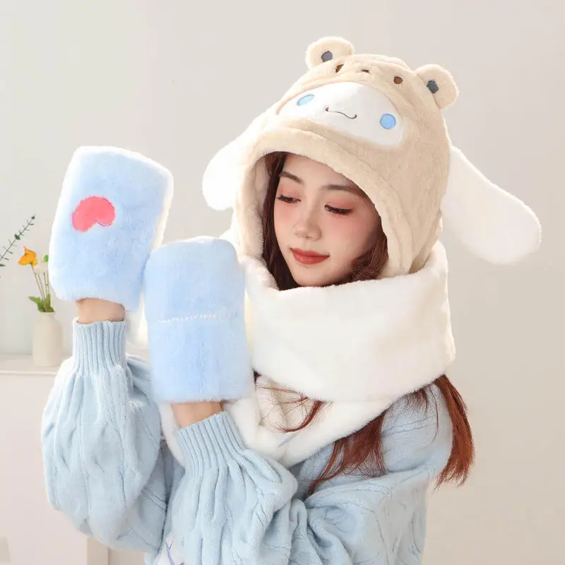 

Студенческая шапка с героями мультфильмов Kuromi Sanrio, зимние новые кавайные наушники в стиле аниме, модные теплые толстые перчатки с половиной пальца для подростков