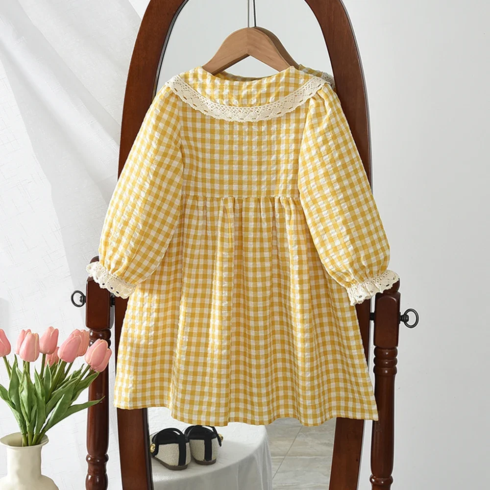 Bear Leader Spring and Autumn New Yellow Checkered Printed Girls' Casual Dresses Lace Collar Long Sleeve Sweet Princess Dress