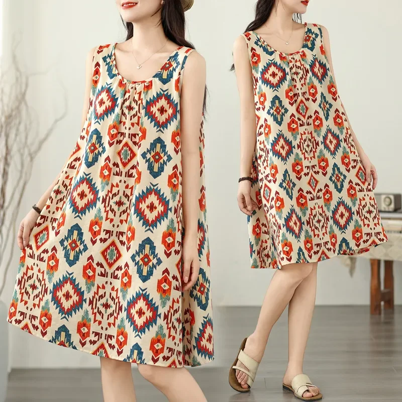 韓国版 レディース 夏用 ルーズ サスペンダー ドレス レディース Aライン ドレス ノースリーブ ドレス レディース コットンとリネン トップス 女性