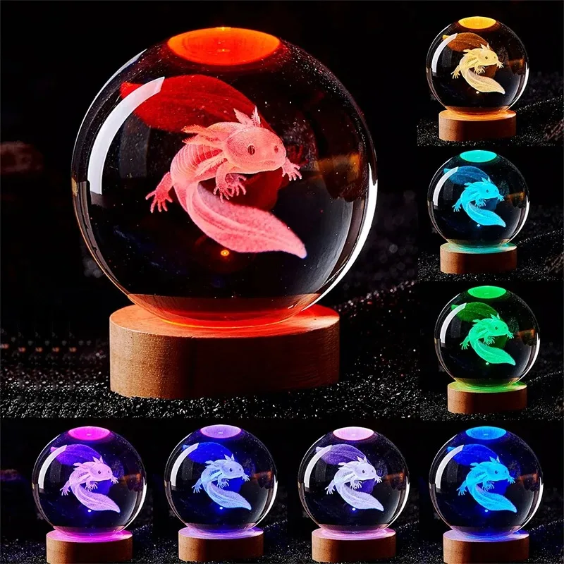 Veilleuse colorée en boule de cristal gravée, lampe 3D Axolotl, petite amie, compagnon d'irritation, épouse, cadeau d'anniversaire pour enfants, décoration de la maison