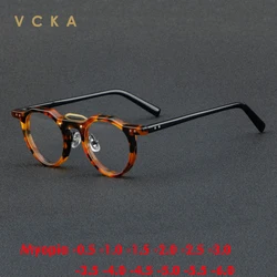 VCKA Vintage Round Acetate Myopia Glasses Frame Men Optical Prescription Eyeglasses Women Luxury Brand Eyewear -0.5 to -6.0