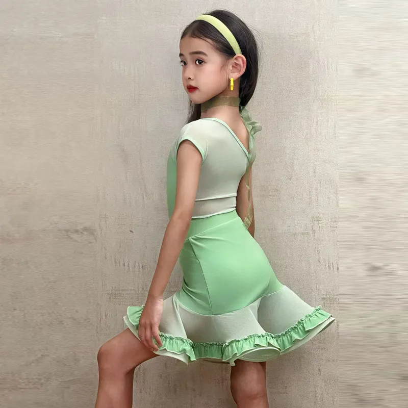 Práctica infantil, disfraz de baile latino, disfraz de práctica de alta gama para niñas, entrenamiento profesional, actuación, práctica de baile, conjunto de traje