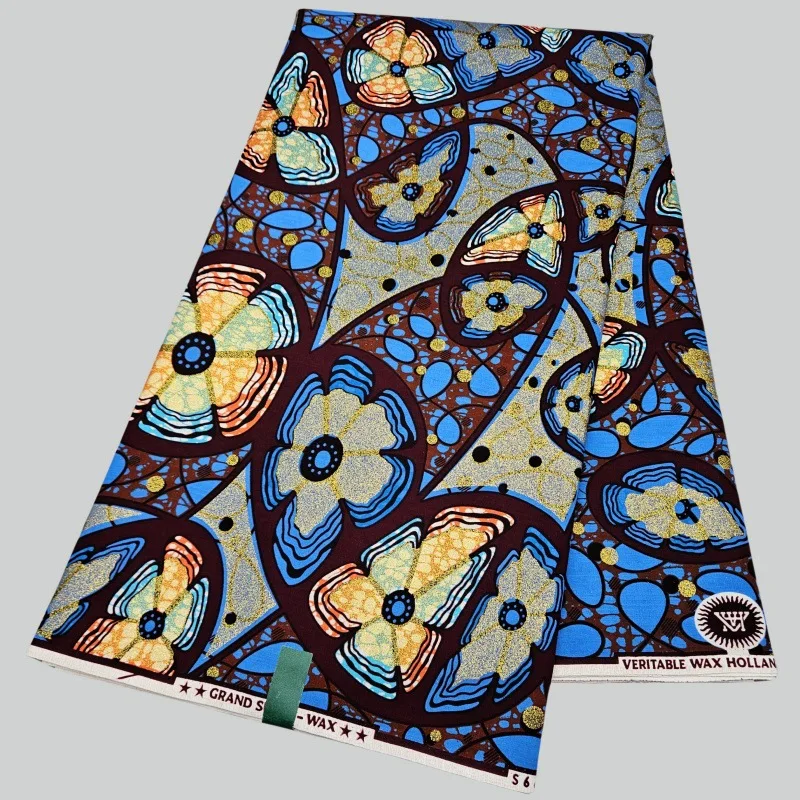 

6 ярдов длинная хлопковая восковая ткань в африканском стиле с желтым цветочным принтом для шитья синего платья, дивана, занавески, скатерть R2764