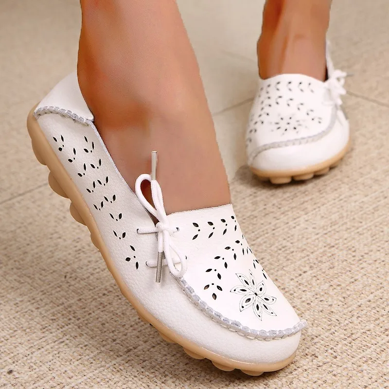 Genuine Leather Women Flats Fashion Casual Women Shoes Hollow Women\'s Shoes Slip On Flat Shoes Ballerina Plus Size Zapatos Mujer
