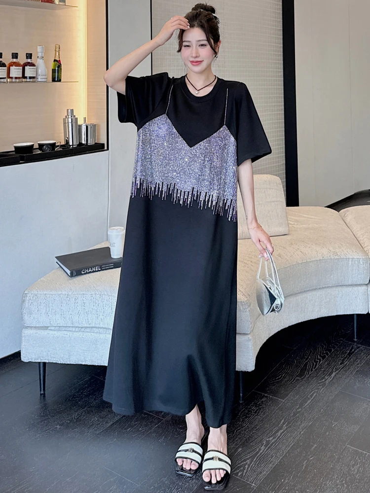 NYFS 2024 Letnie nowe sukienki koreańskie dla kobiet Vestidos Robe Elbise Loose Plus Size Diamonds Short Sleeve Long Dress