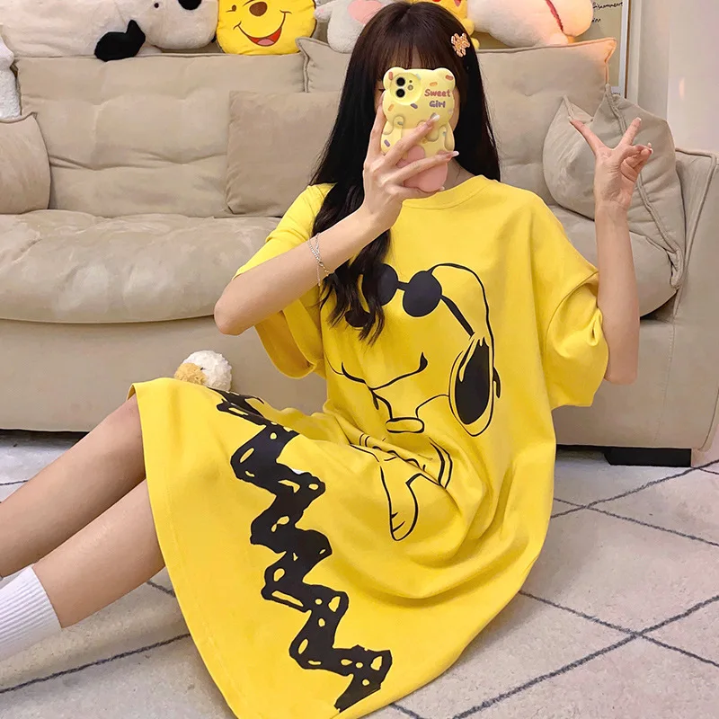 Kawaii Anime Cartoon series Snoopy Summer Pure Cotton Nightgown Women's Thin Loose Short-sleeved Mid-length Home Clothes