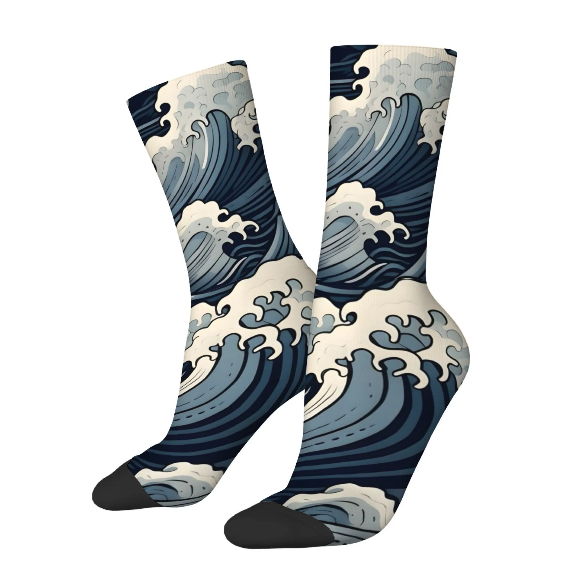 Kanagawa Surfing Scene Inspired Men's Mid-Calf Socks Wave Foam Japanese Artistic Aesthetic Comfortable Breathable Durable Socks