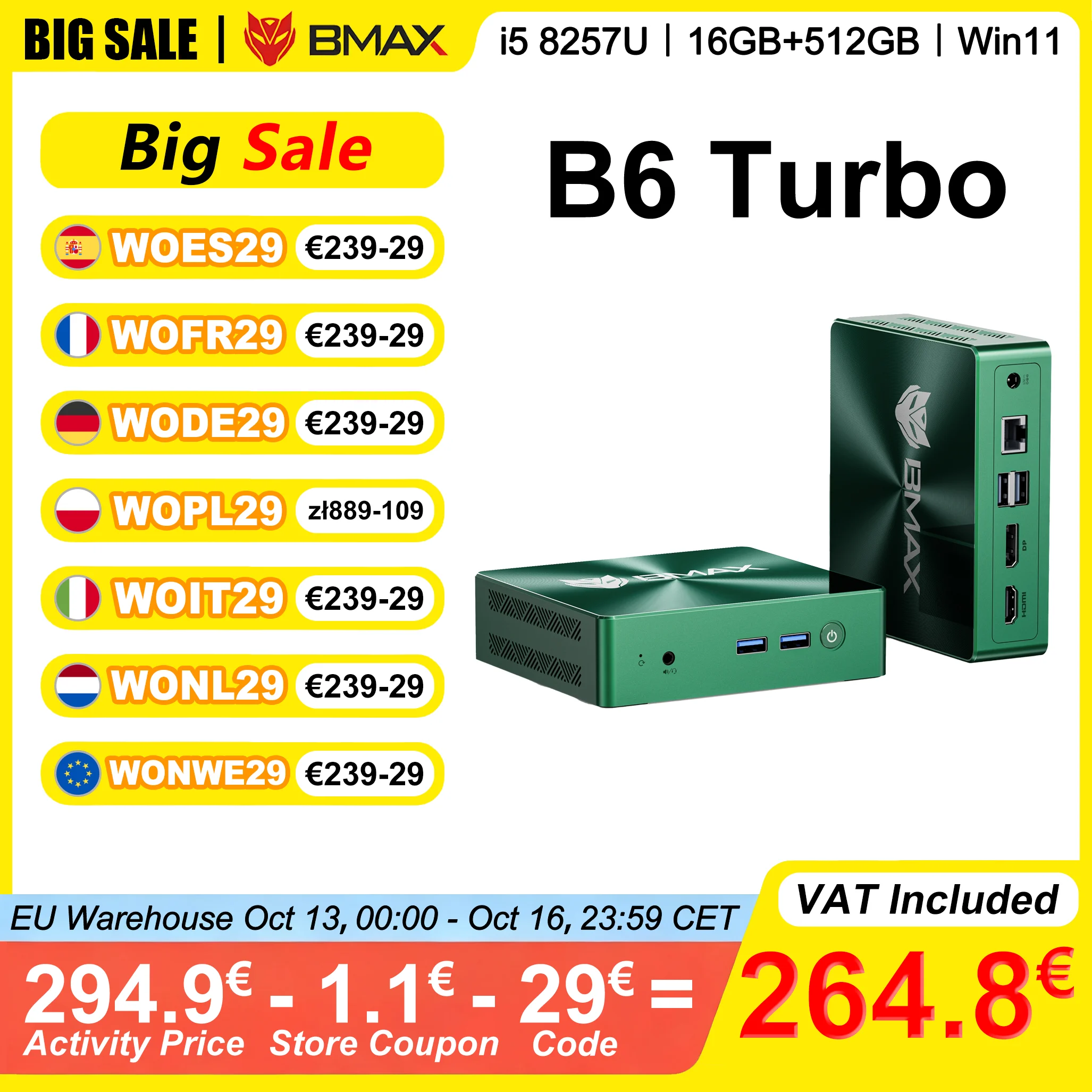 Bmax B6 Turbo Mini-PC 16GB RAM 512GB ROM Intel I5 8257U Windows 11 WLAN 6 Intel Iris Plus Grafik 645 HDMI DP USB