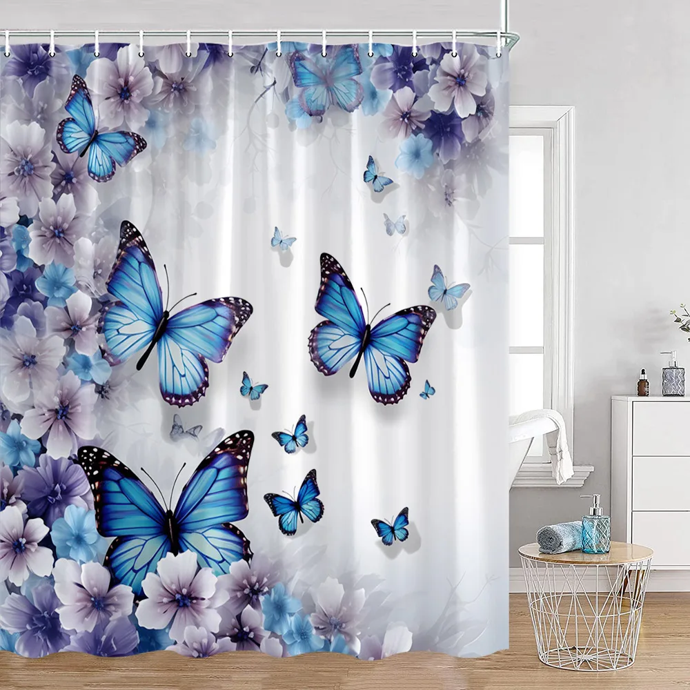 Blue Butterfly Shower Curtains Romantic Purple Floral Watercolour Art Bath Curtain Set Fabric Bathroom Bathtub Decor with Hooks