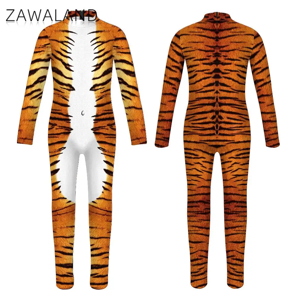 Zawaland Children Cosplay Tiger 3D Digital Printing Hallowen Carnival Party Costume Zentai Catsuit Outfits Long Sleeve Bodysuit