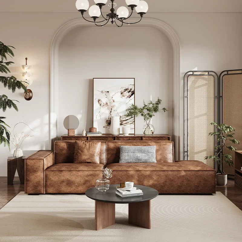 #Founder Tofu Block Sofa, Vintage Textured Oil-Wax Leather Fabric Sofa Bed