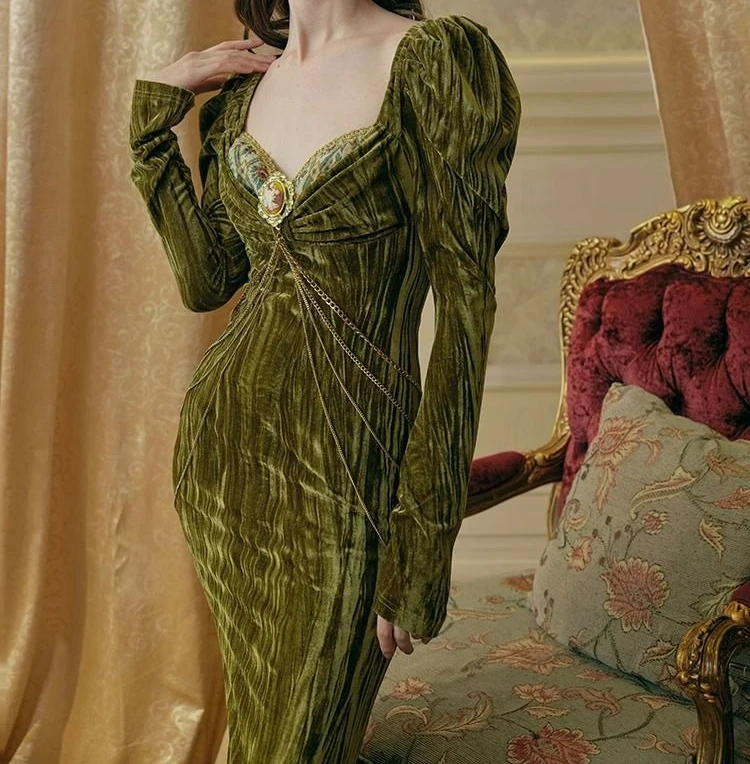 2025 Otoño e Invierno nuevo vestido Retro de terciopelo verde de espina de pescado falda madura con sello de cintura de espina de pescado (sin cadena)