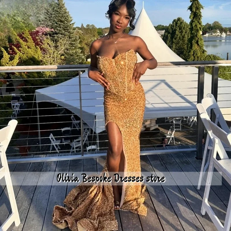 

Customized Gold Long Prom Dress High Slit Blackgirls Crystal Beaded Mermaid Formal Party Gown Robes De Soirée