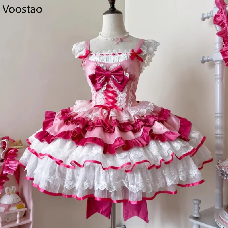 

Japanese Sweet Lolita Jsk Dress Women Kawaii Lace Ruffles Bow Bandage Slim Princess Dresses Girls Y2k Cute Tea Party Mini Dress