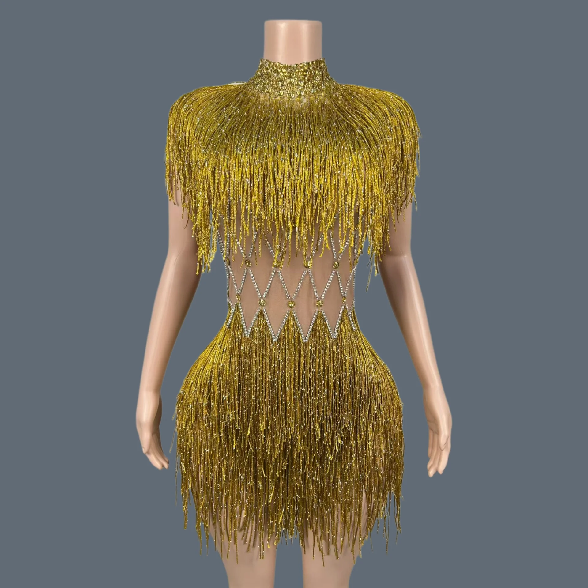 

Women Gold Fringe High Neck Mini Dress Diamond Mesh Cutout Bodycon Sheer Stage Performance Club Outfit Maitian