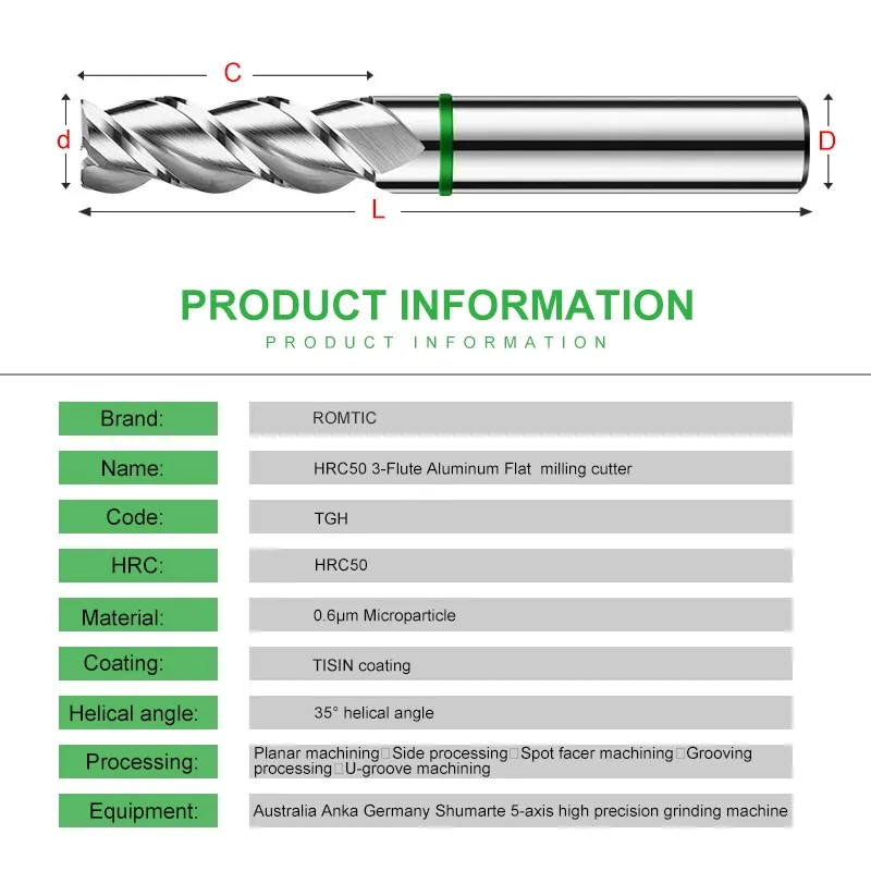 ROMTIC TGH-HRC50-Fresa de aluminio de carburo de tungsteno de acero revestimiento de anillo de Color 3F CNC herramientas mecánicas de fondo plano