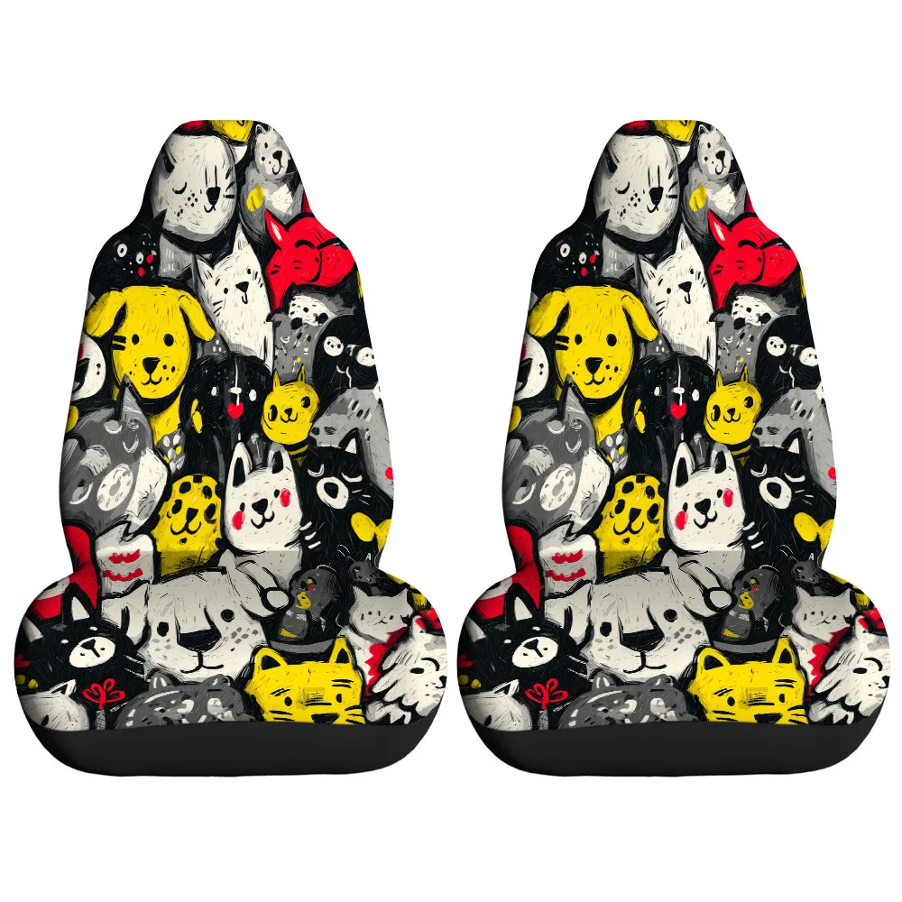 2pcs Cartoon Animal Group Collage Printed Car Seat Covers, Suitable For Sedans, Suvs, Mpvs, Trucks, Durable Polyester Material F