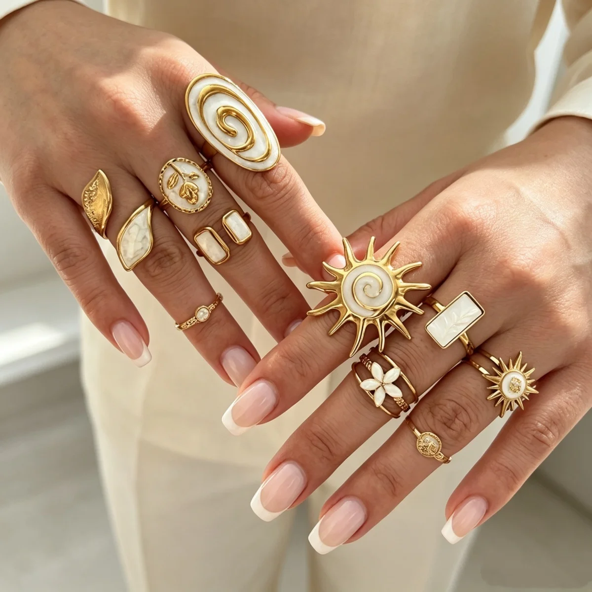 Edelstahl-Emaille-Spiral-Geometrie-Fingerringe für Damen und Herren, Vintage Französische Sonnen-Blatt-Blumen-Ringe, Modeschmuck für Partys. – Detail 4