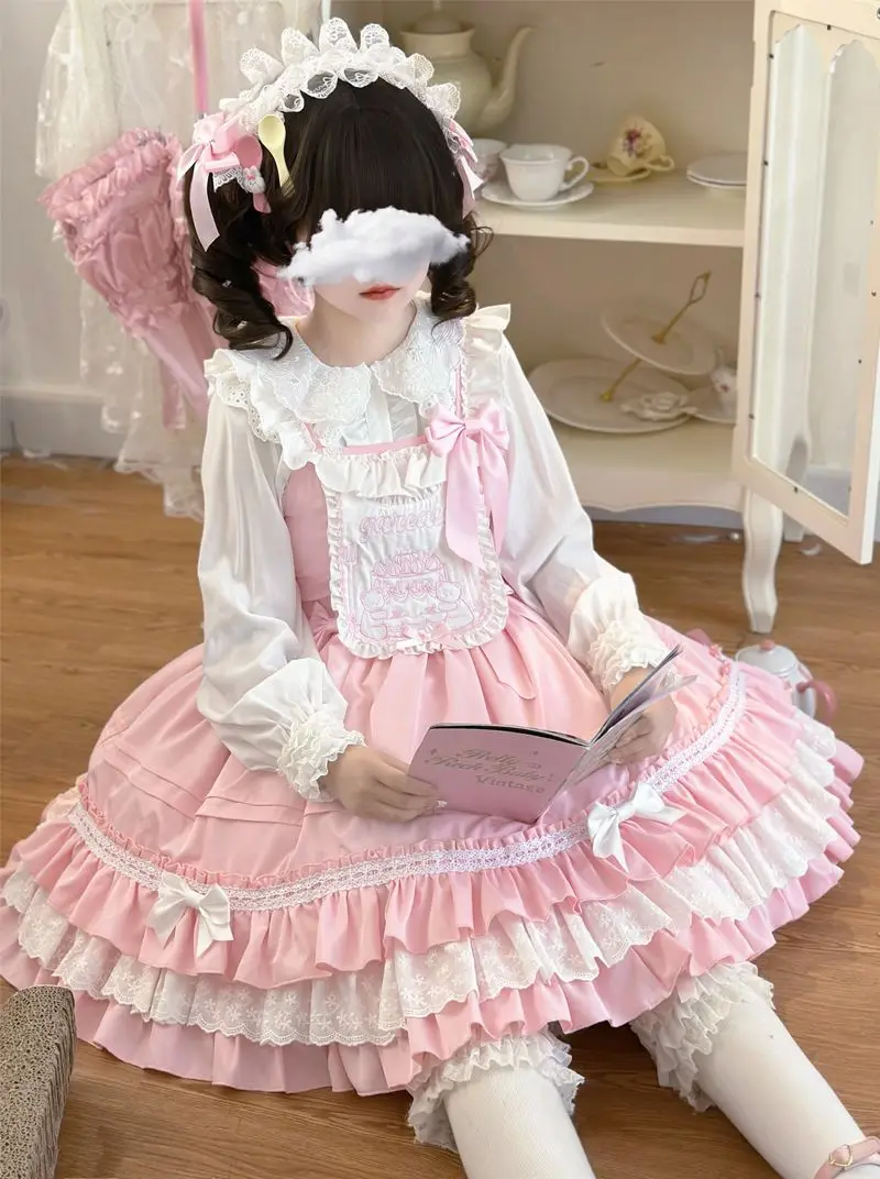 Kawaii Princess Sweet Lolita sukienka z falbankami JSK letnia sukienka na szelkach dziewczęca koronkowa sukienka z kokardką Party Loli