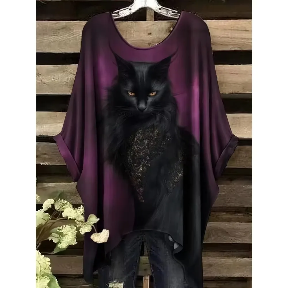 Women Batwing Sleeve Print T Shirt Loose Round Neck Short Sleeve Streetwear Chic Ladies Basic Top