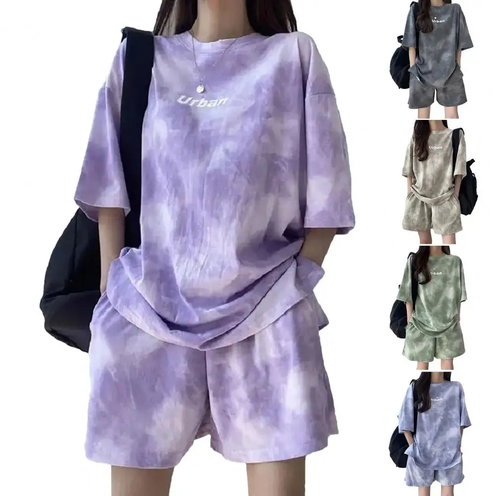 2Pcs Loose Women T-shirt Shorts Set Tie-dye Mid Length Top Elastic Waist Shorts Oversized Casual Sport Daily Wear Top Pants Set