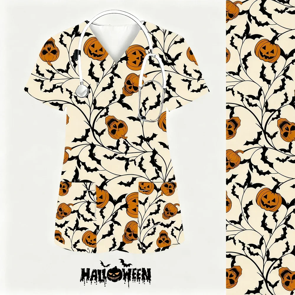 Топы-скрабы с принтом на Хэллоуин, женская рабочая блузка для домашних животных, аксессуары для медсестер, унисекс, с короткими рукавами и v-образным вырезом, униформа с принтом, рабочая униформа