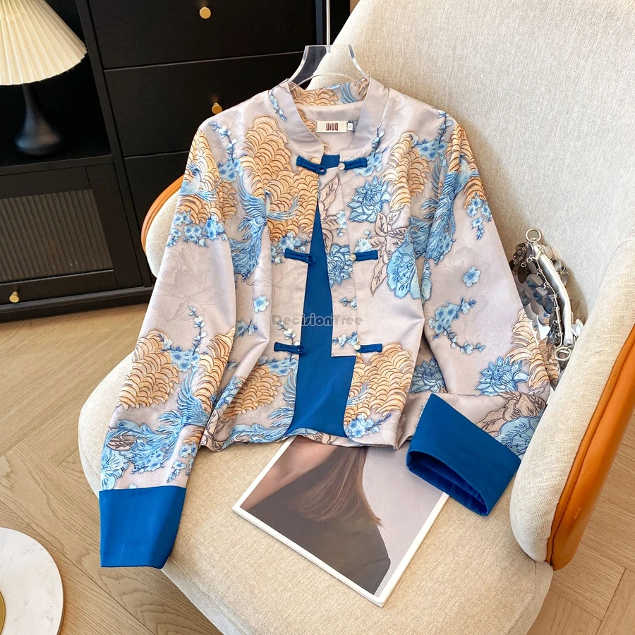 سترة بدلة تانغ مطبوعة على الطراز الصيني الجديد لعام 2025 ذات ياقة ثابتة تقليدية محسنة وأكمام طويلة ومطبوعة بتصميم عتيق t001 #1