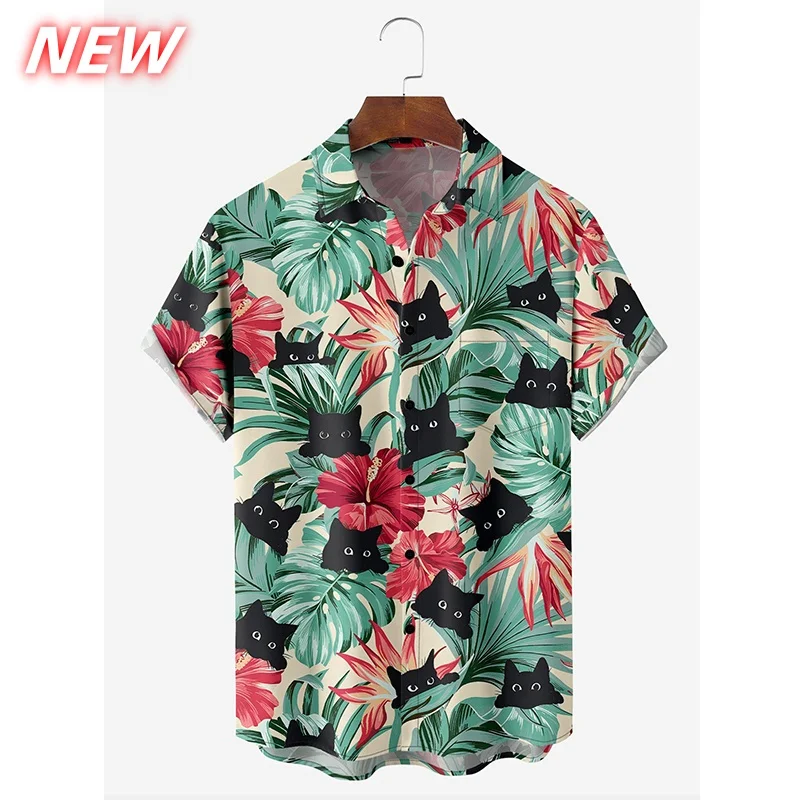 เสื้อฮาวายลายแมวและวัวน่ารักสำหรับผู้ชาย เสื้อพิมพ์ลายสัตว์ 3 มิติ เสื้อชายหาดลำลอง เสื้อ Aloha แขนสั้น เสื้อเชิ้ตปก