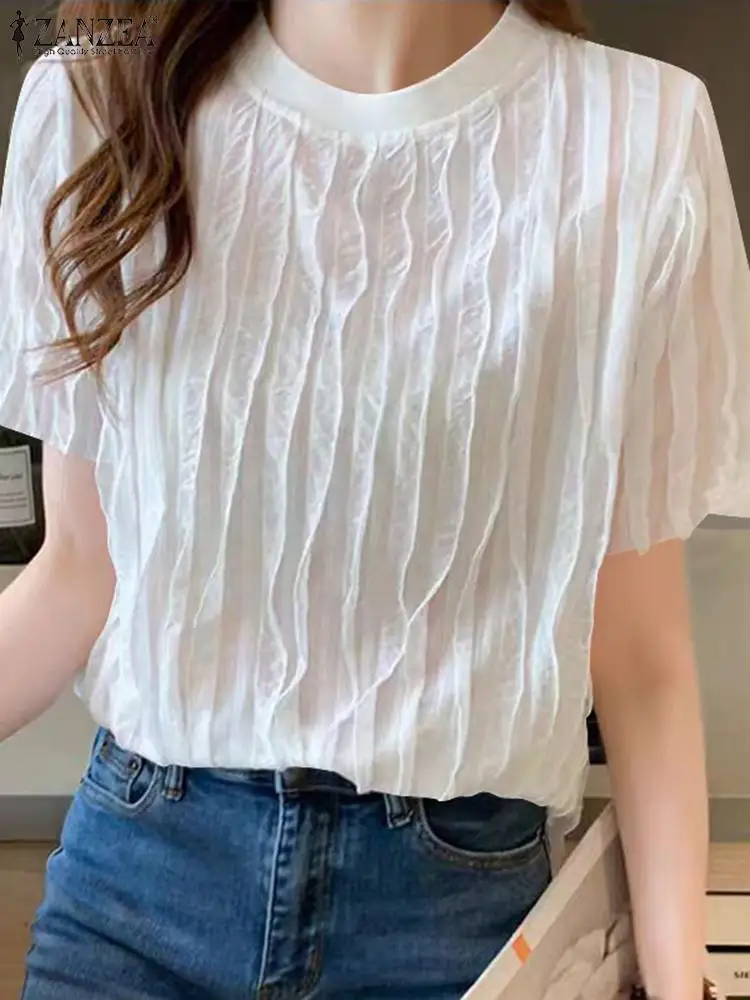 ZANZEA Korean Women Solid Blouse Fashion Textured Fabric Basic Tops 2024 Summer Short Sleeve Tunic Elegant Loose Pleating Blusas