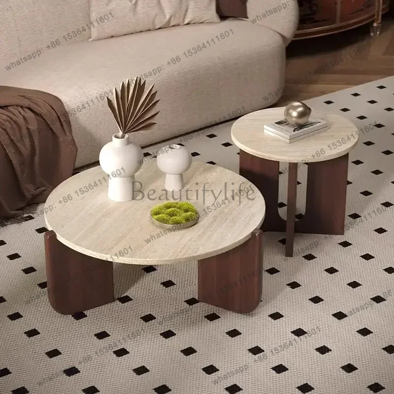 YJ Home Marble Solid Wood Balcony Marble Low Table Furniture Nordic Style Round Travertine Coffee Table Small Apartment Living R
