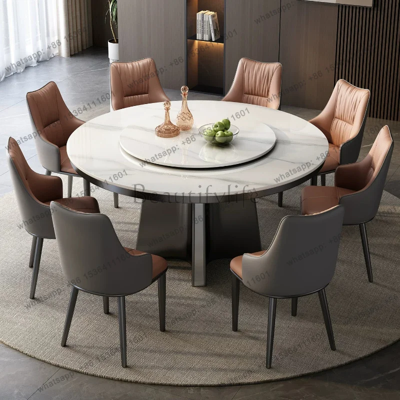 zj.Light Luxury High-end Rock Slab Dining Table And Chair Combination 2026 New Simple Round Household Dining Table With Turntabl