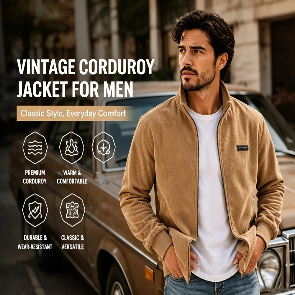 Autumn Winter Men's Corduroy Bomber Jackets Trendy Mens Stand Collar Windbreaker Zipper Coats Outdoor Men Loose Fit Work Coats
