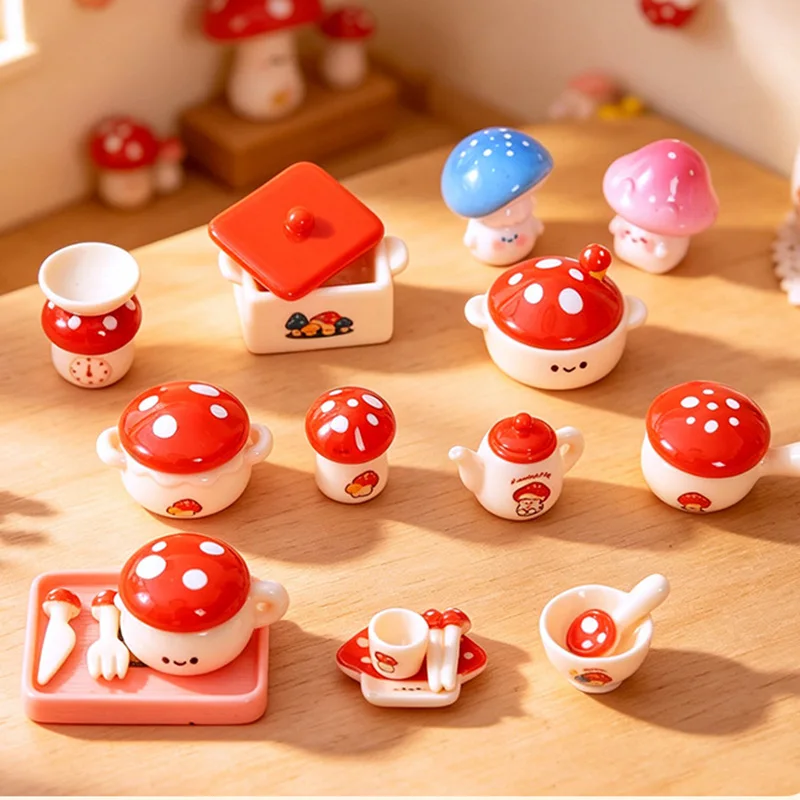 15PCS 1/6 Scale Cute Dollhouse Miniature Cartoon Teapot Cup Dish Model Mushroom Tableware For Doll Accessories Children Toys