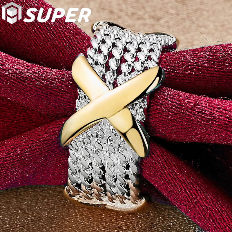 

925 Sterling Silver Gold Letter X Ring For Woman Man Fashion Wedding Engagement Party Gift Charm Jewelry