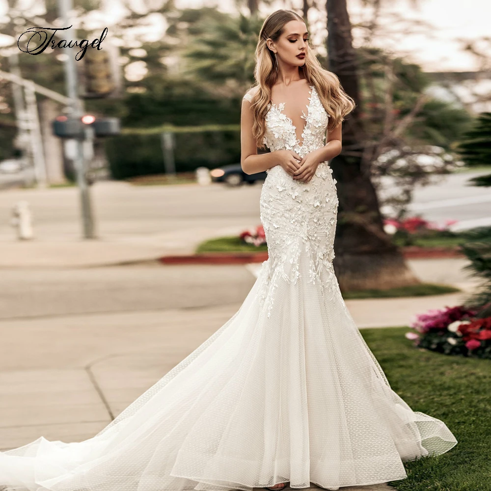 

Traugel Sexy Backless V Neck Flowers Lace Mermaid Wedding Dresses Exquisite Applique Beaded Court Train Trumpet Bridal Gown