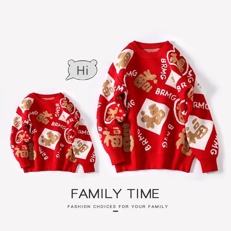 

Chinese Happy New Year Sweater for The Whole Family Red Knit Tops Mom Daughter Child Matching Jumper Dad and Son Baby Knitwear