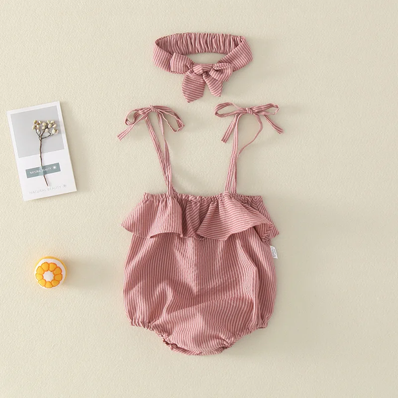 

Summer Baby Girl Romper+Hairband Newborn Clothes Cute Stripe Ruffles Sleeveless Tie Bows Cotton Infant Clothing 3-24M