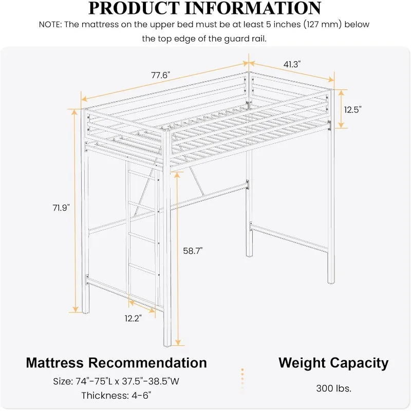 Loft Bed Twin Size with Ladder and Guardrail,Heavy Duty Metal Slats Support No Box Spring Needed Small Space Saving Furnitur