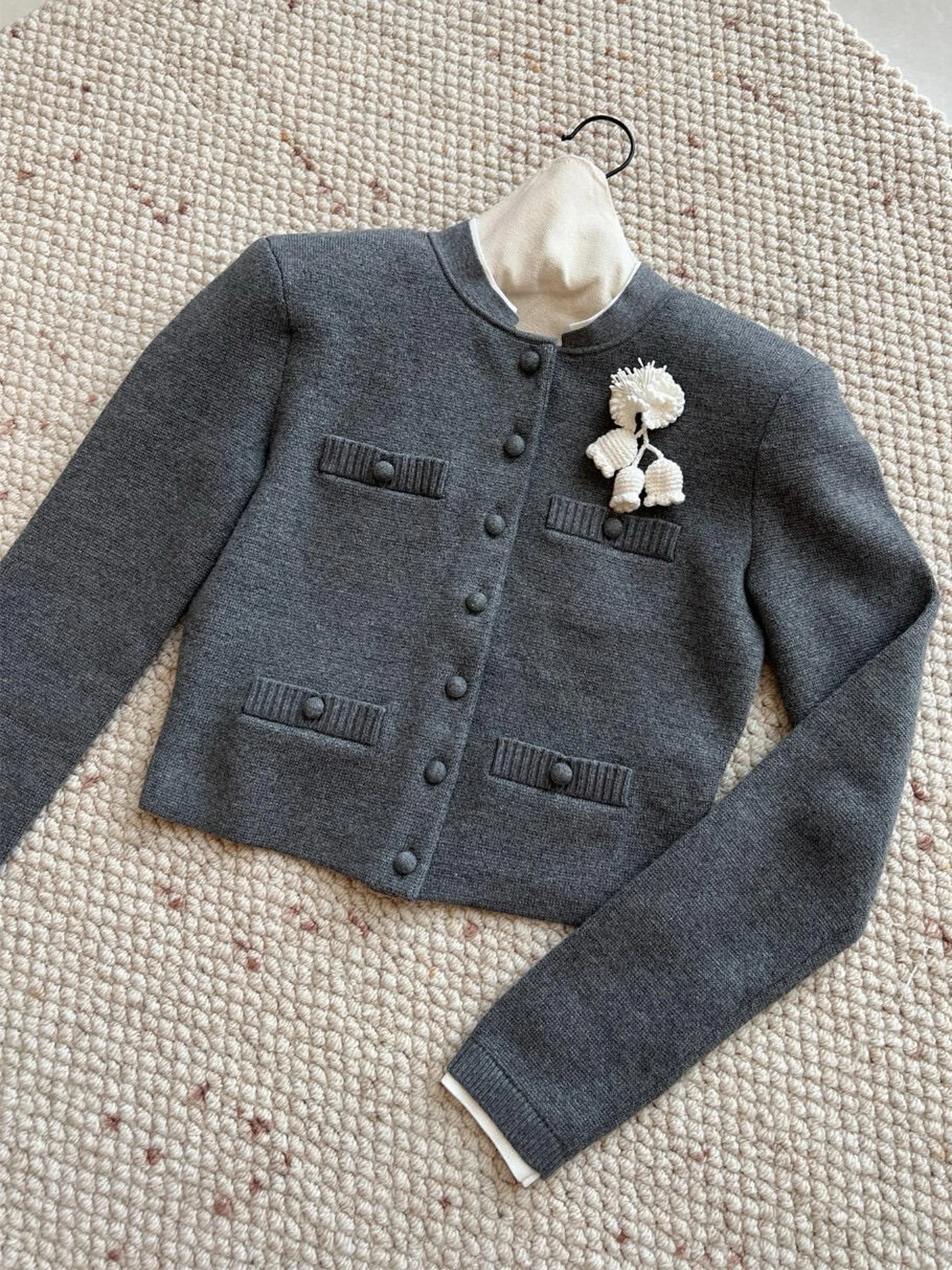 

Ele вязаный открытый кардиган-топ с 3D цветочным декором для женщин, осень-зима, для поездок на работу, средний мягкий длинный све