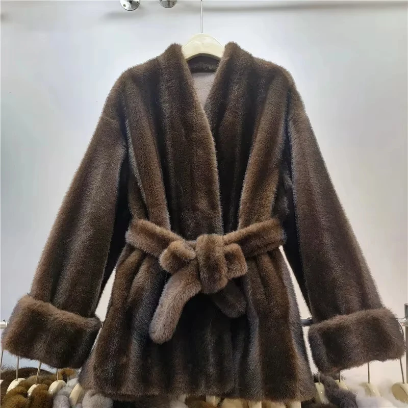 Women Belted Faux Mink Fur Coat Winter Warm Loose Brown Plush Outerwear Jacket