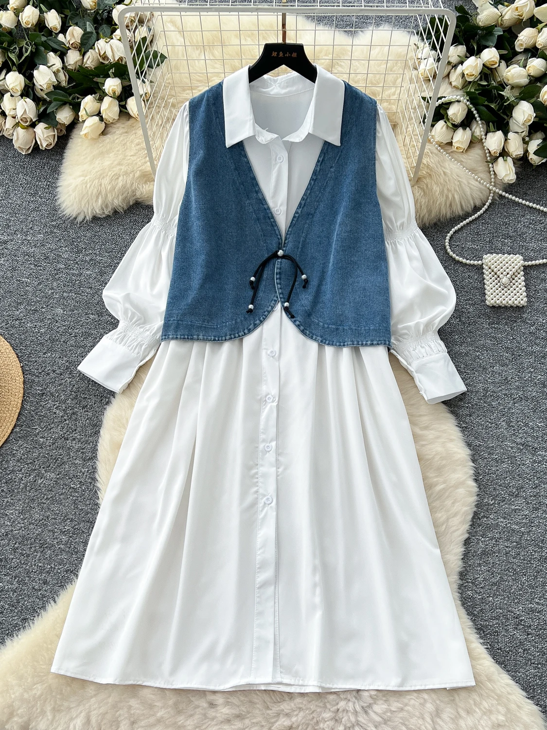 

Two-Piece Set Robe Femmes White Woman Dresses 2025 Vesttidos De Mujer Vintage Single Breasted Denim Vest Casual All Match Sets