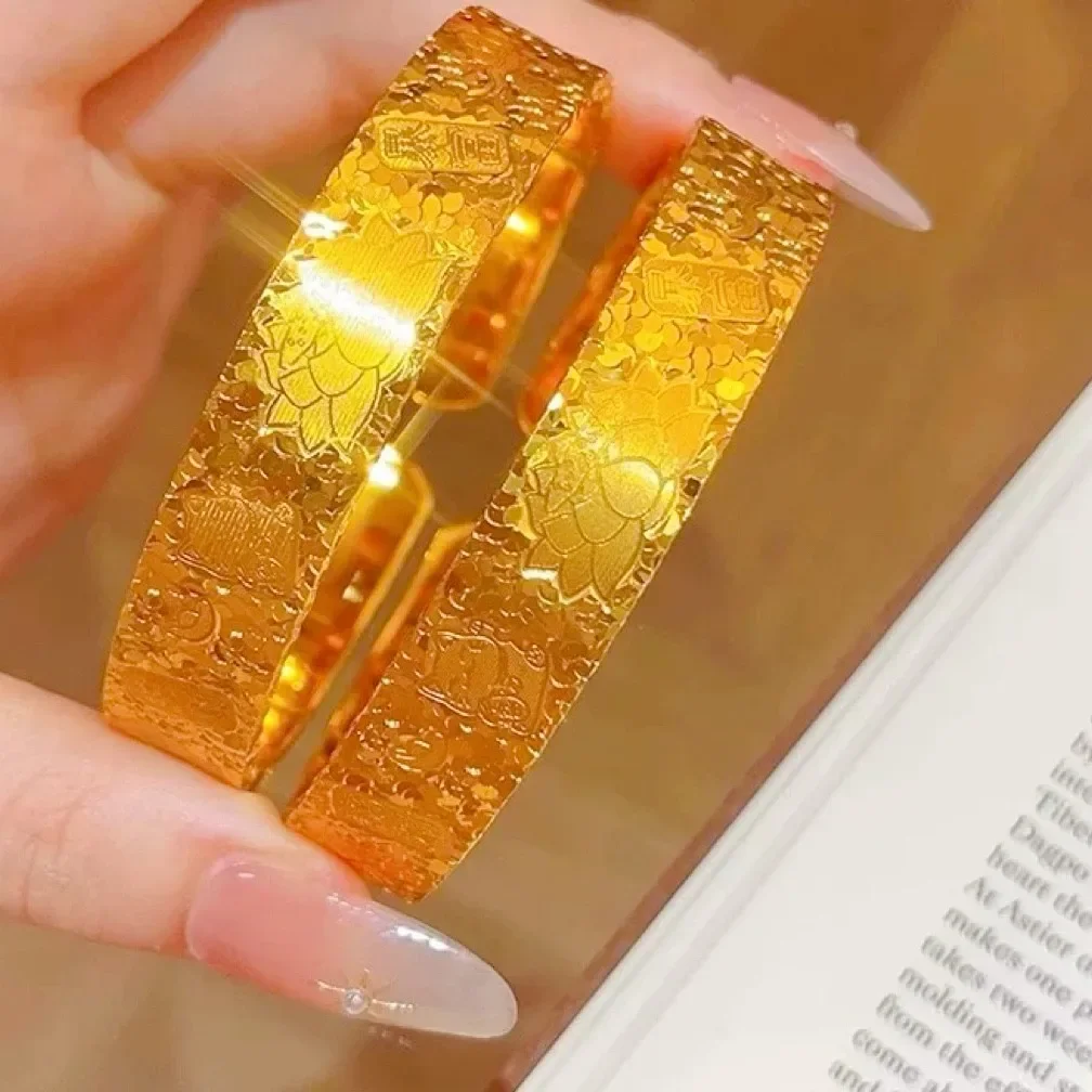 NovaGlod The same style as the gold store 9999 24K real gold wide face auspicious words broken ice bracelet engraved lotus open