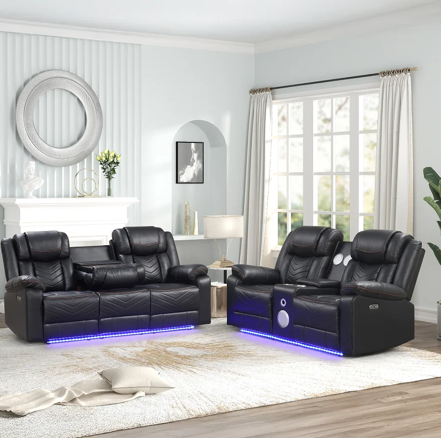 #Modern  Leather U-Shape Power Recliner With Cup Holders Loveseat Console Bluetooth Speaker