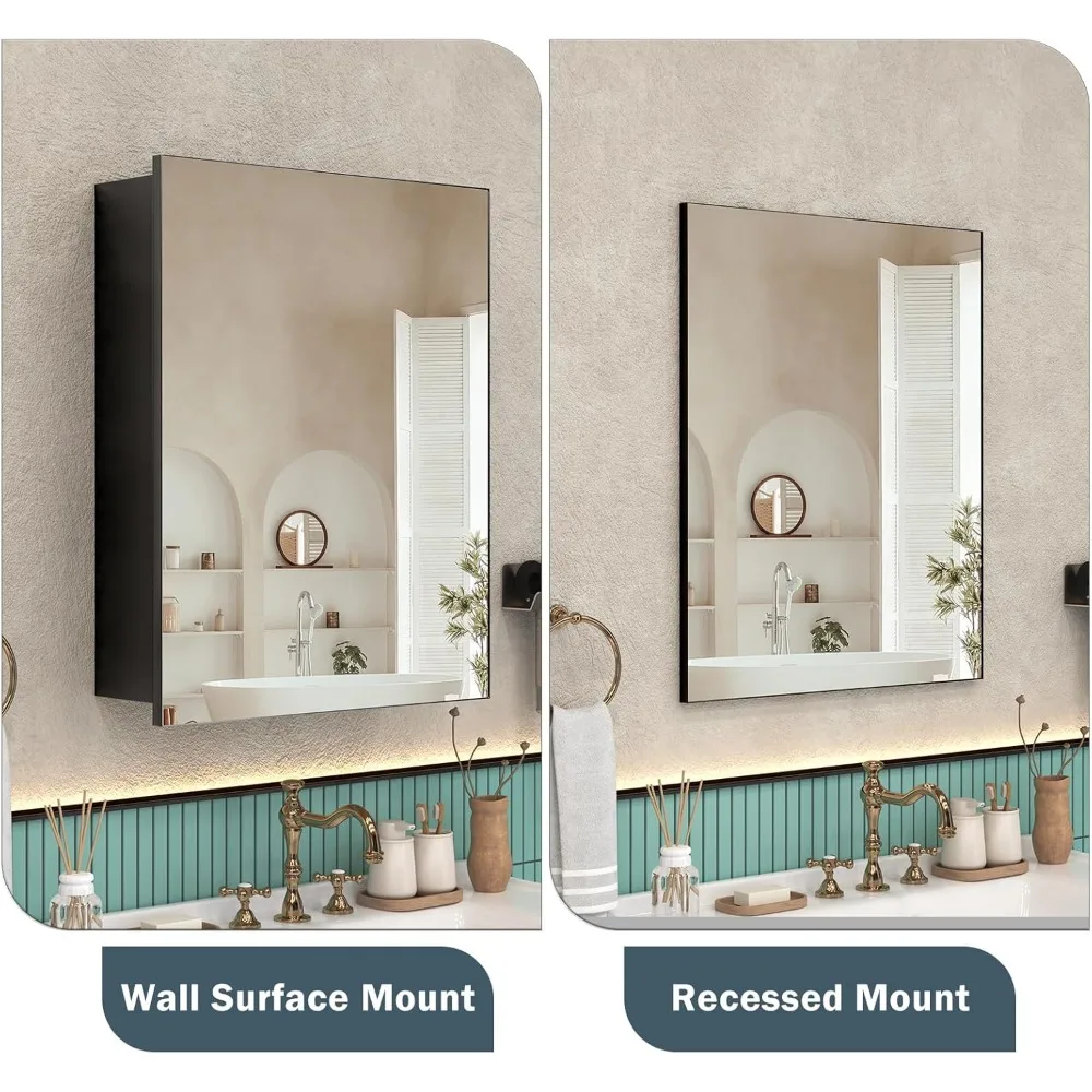 خزانة أدوية حمام صغيرة سوداء مع مساحة تخزين، خزانة ذات مرآة مثبتة على السطح أو مجمعة مسبقًا