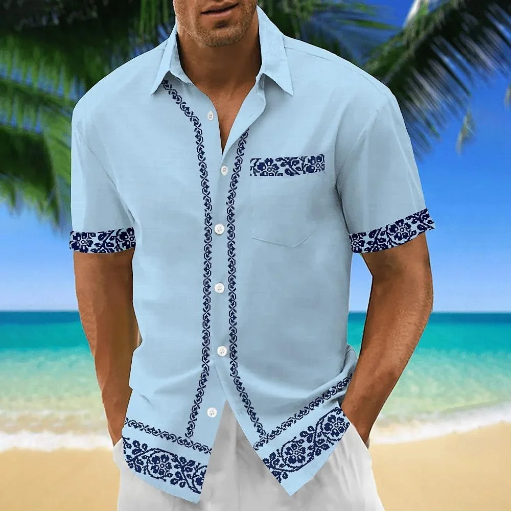 

2024 Men's Short Sleeve Pocket Shirt Leaves 3D Print Hawaiian Vacation Patchwork Shirt Daily Casual Summer Plus Size XS-5XL