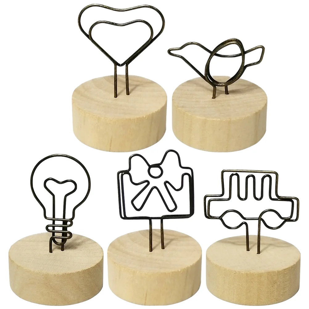 

5pcs Card Holders Compact Memo Elegant Wooden Base Iron Wire Photo Clip Table Number Stands Menu Office Decor
