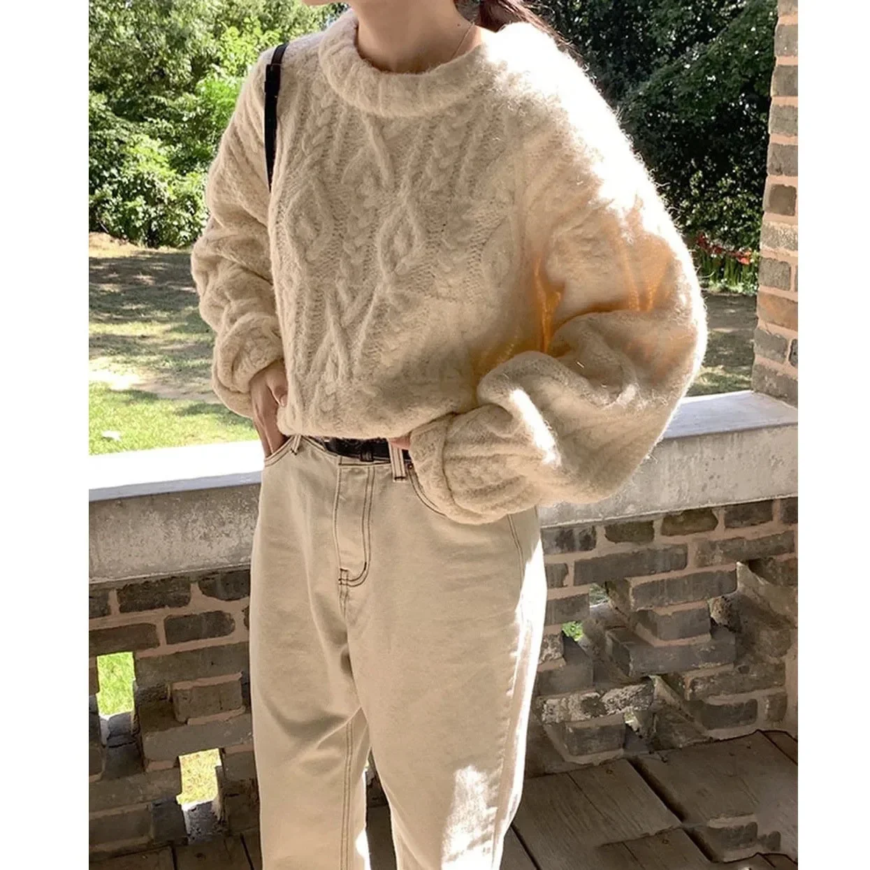 Women Wool Blend Cable Knitting Crew Neck Warm Sweater 2023 Winter Chic Classic Pullover Korean Fashion