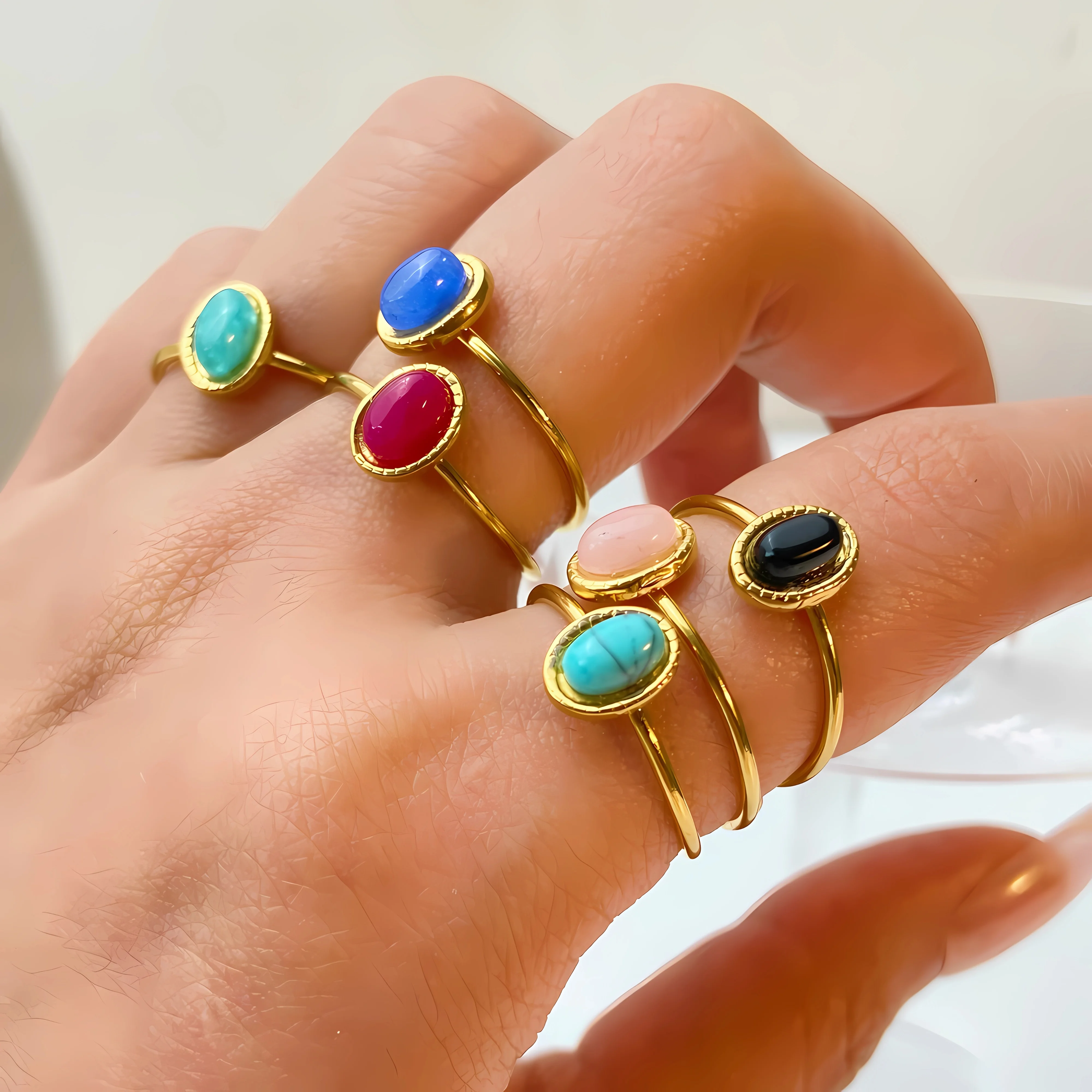 Vintage Natural Stone Geometric Gold Plated Stainless Steel Ring Fashion Jewelry Rings