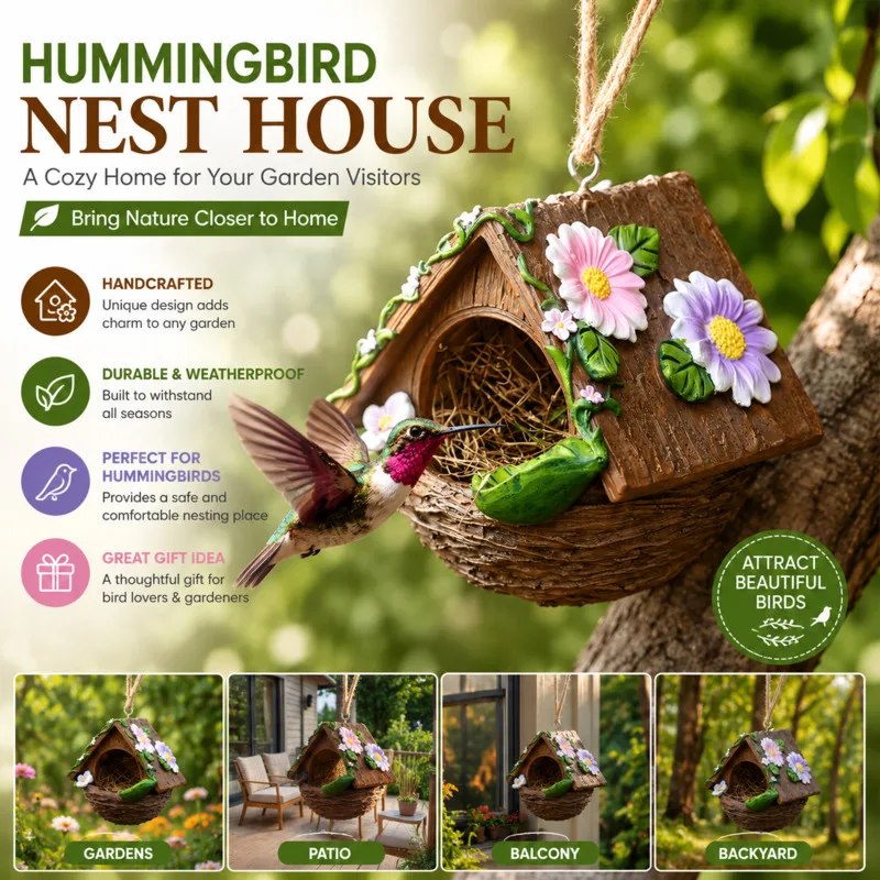 Hand Painted Hanging Resin Bird House Hummingbird Feeder Flower Decor Imitation Wood For Outdoor Garden Patio Bird Lovers Gift