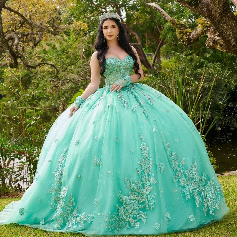 

Green Shiny Quinceanera Dress Off The Shoulder Applique Lace Vestidos De 15 Años Ball Gown Sweet 16 Birthday Party Gown Pageant